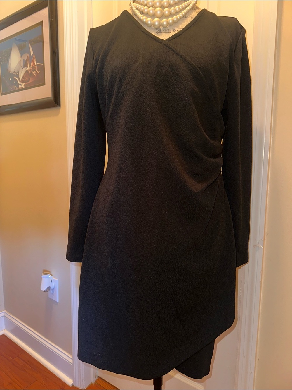 Classic Black Long-Sleeve Faux-Wrap Dress